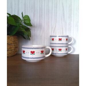 Set of 3 Vintage Soup Mugs with Hearts and Checkerboard Pattern